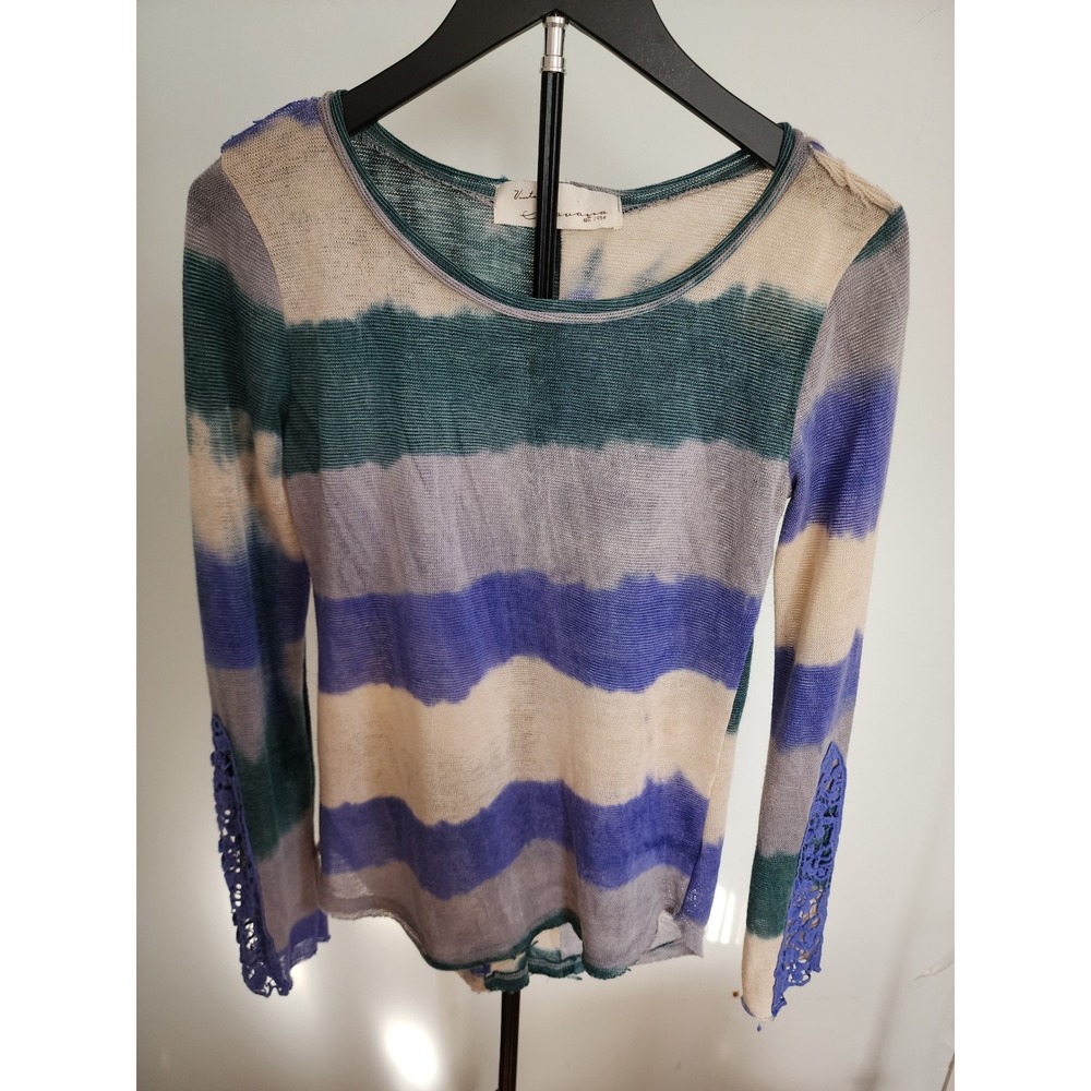 Vintage‎ Havana Tie Dye Stripe Top Medium Crochet Lace Cuffs USA Boho